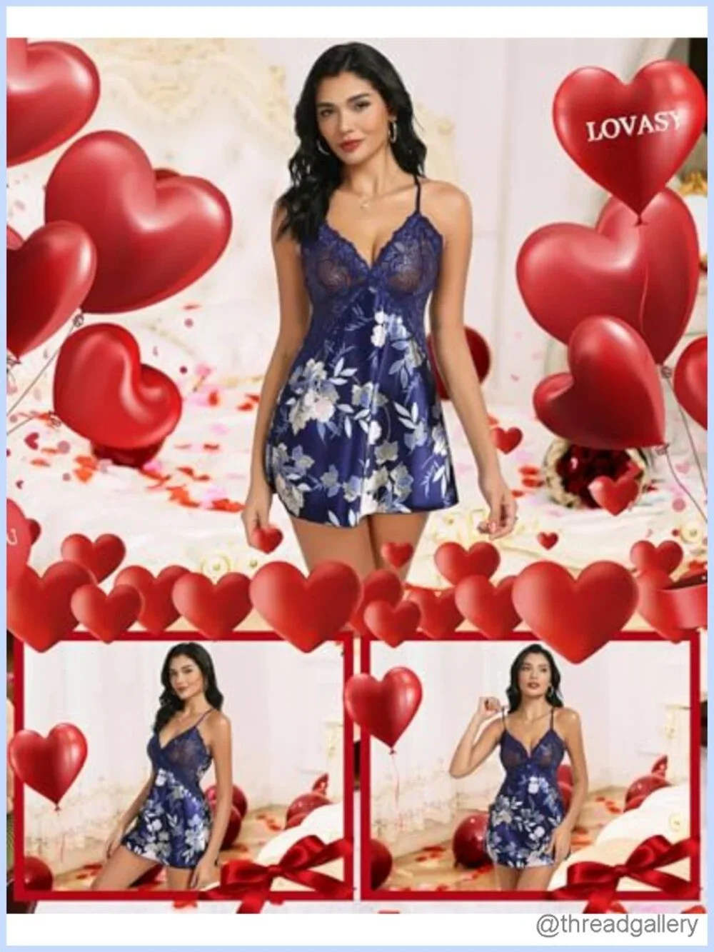 Satin Lace Babydoll Nightgown Set with Thong Deep V Neck